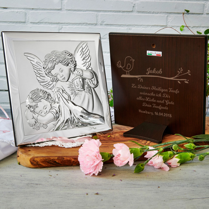 Heilige Taufe - Engel mit Laterne - Silbernes Bild mit Gravur